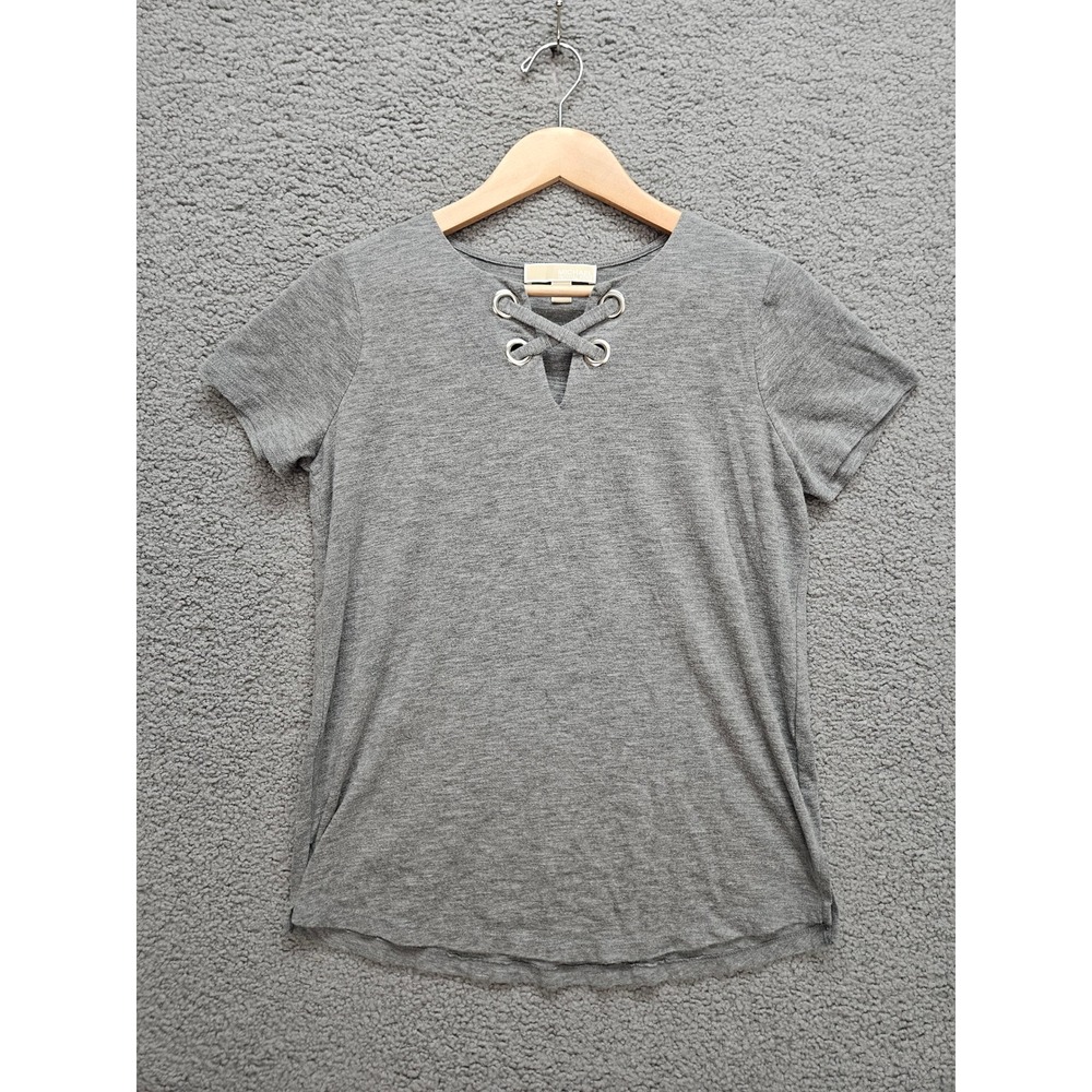 Michael Kors T Shirt Small Gray Lace Up Grommet V Neck Casual Tee